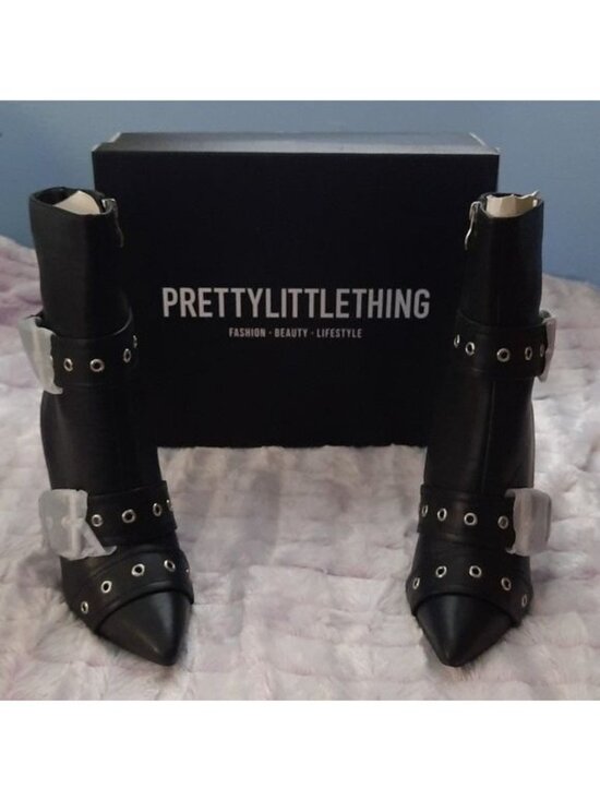 PrettyLittleThing Shoes - Pretty Little Thing NIB Black Faux Leather Pointed Toe Buckle 5 Inch Heel Boot 7